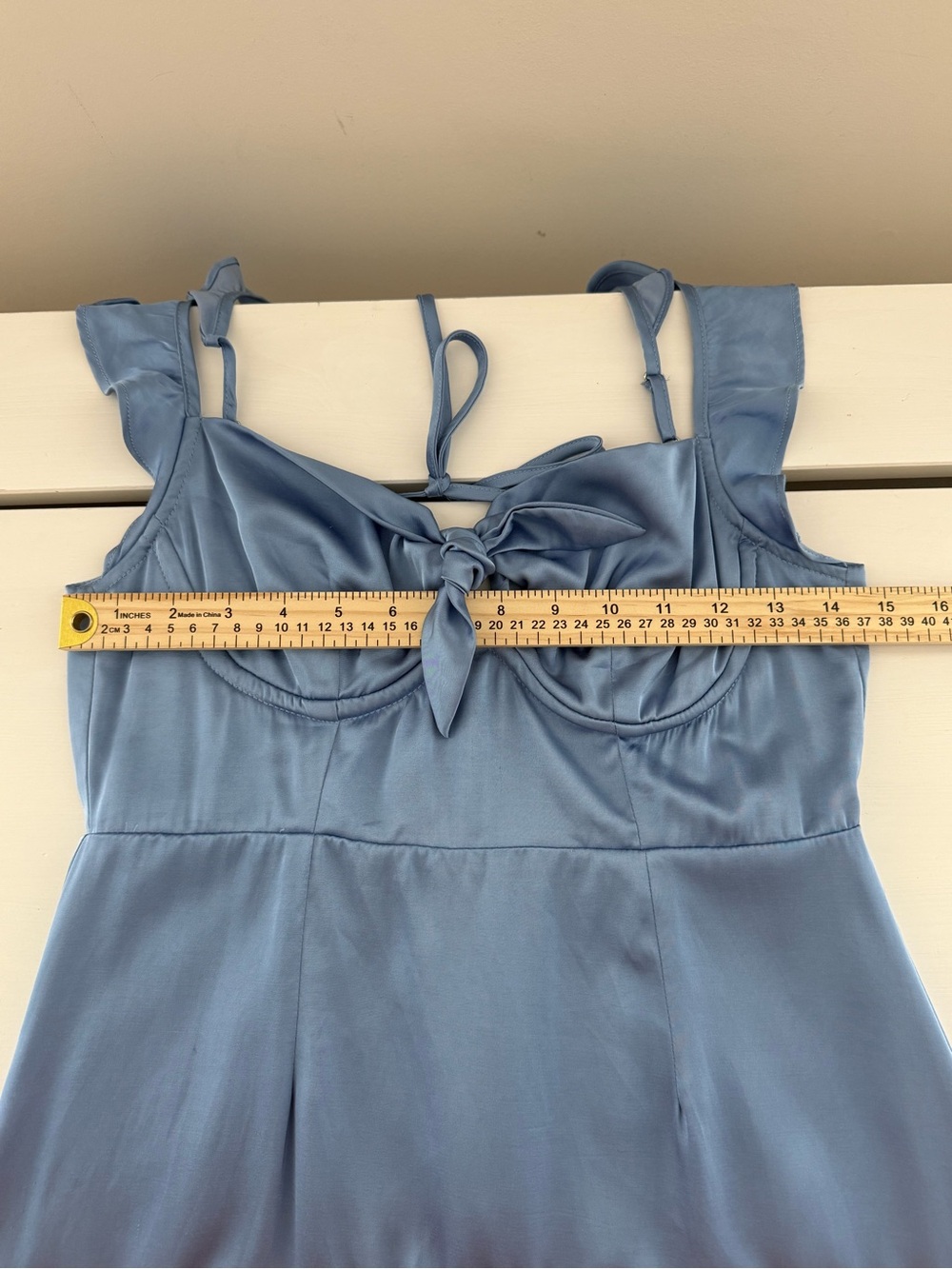 ASTR The Label Marla Mini Dress Blue Satin Ruffle Tie Front Size M - Picture 6 of 8